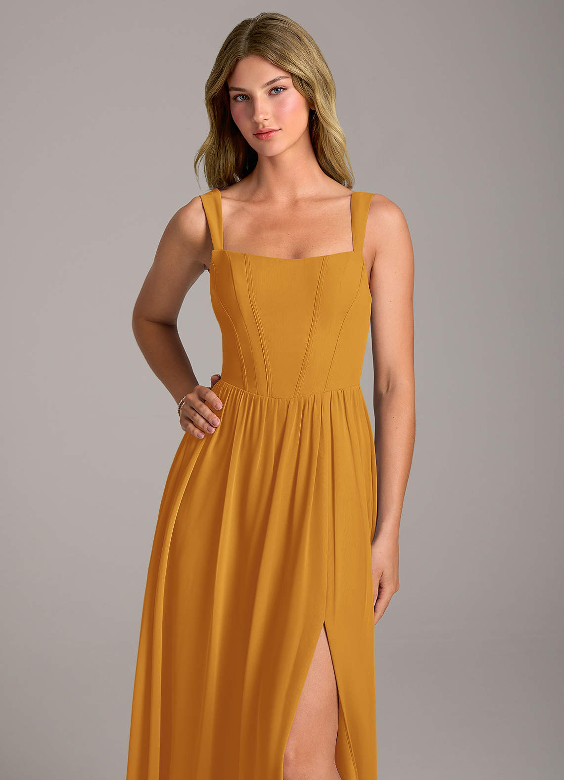 Rosaline A-Line Square-Neck Chiffon Bridesmaid Dress in butterscotch