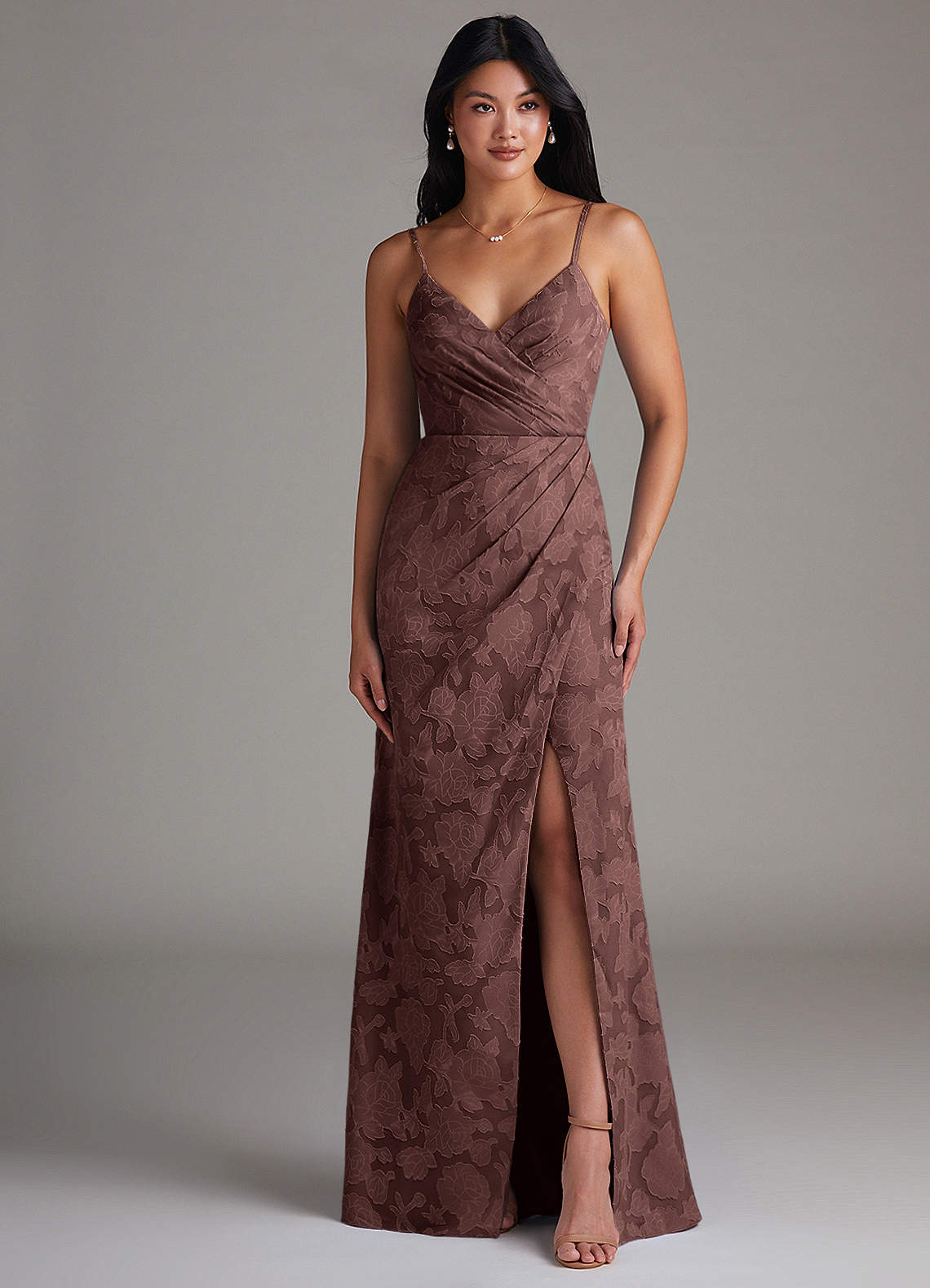 Maci Sheath V-Neck Floral Burnout Bridesmaid Dress in Espresso