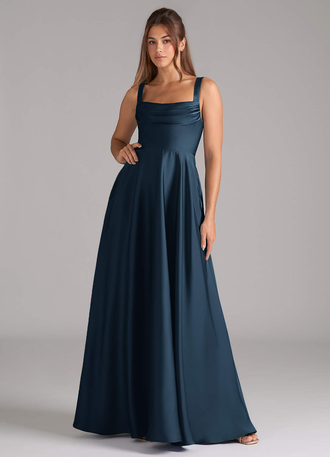 Shaude A-Line Square-Neck Stretch Satin Bridesmaid Dress in Dark Navy
