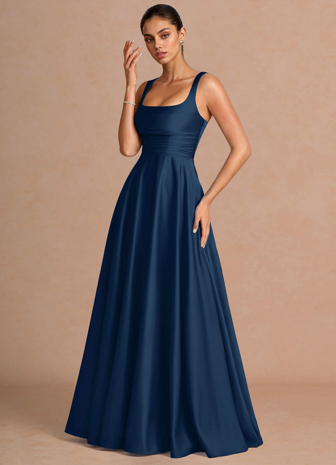 Azaria A-Line Square-Neck Stretch Satin Wedding Guest Dress in Navy