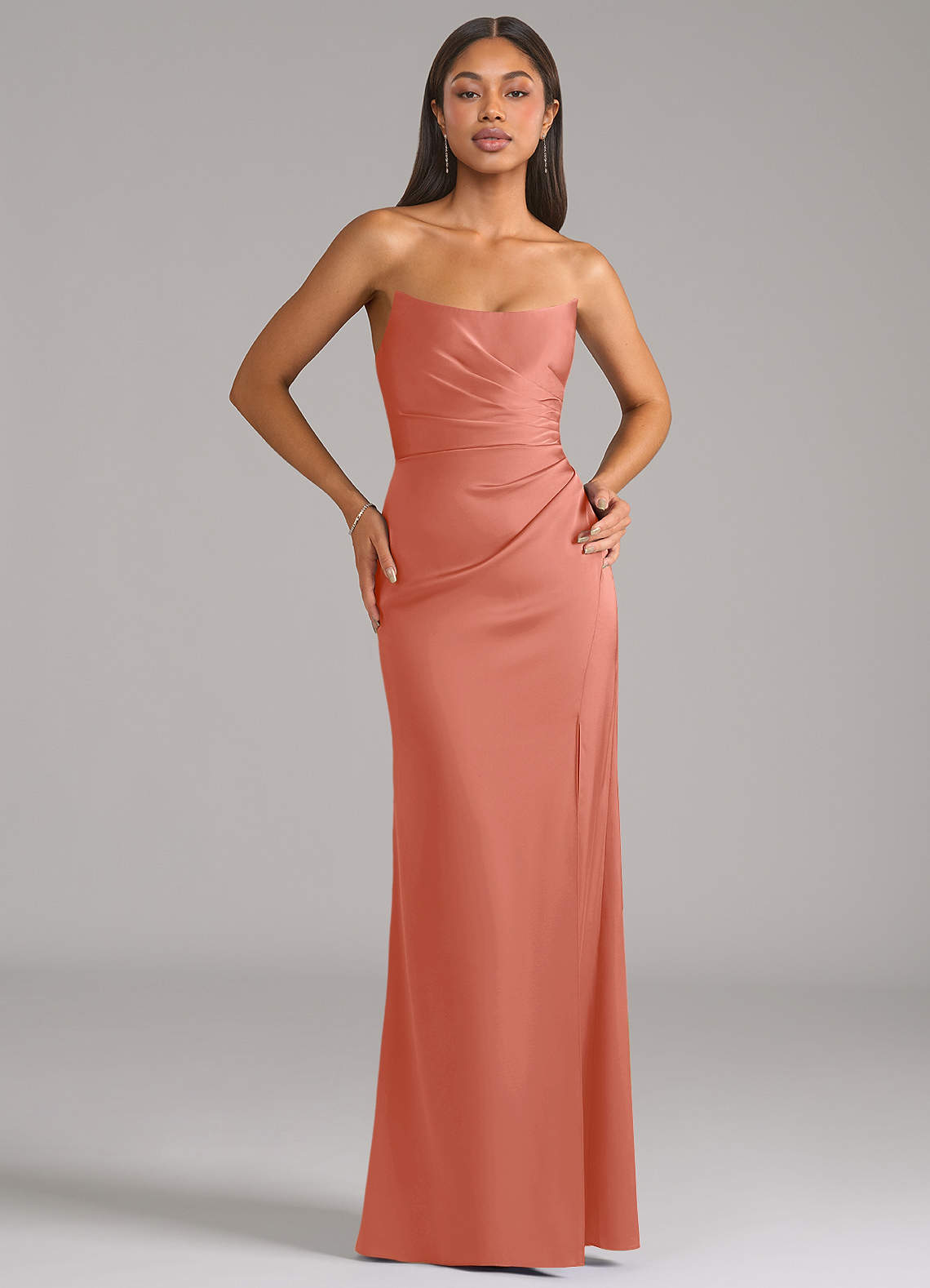 Marla Sheath Strapless Stretch Satin Bridesmaid Dress in Salmon Pink