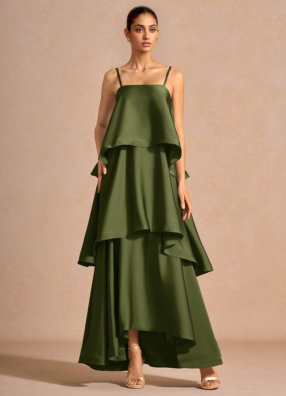 Itasca A-Line Tiered Stretch Satin Wedding Guest Dress in Olive