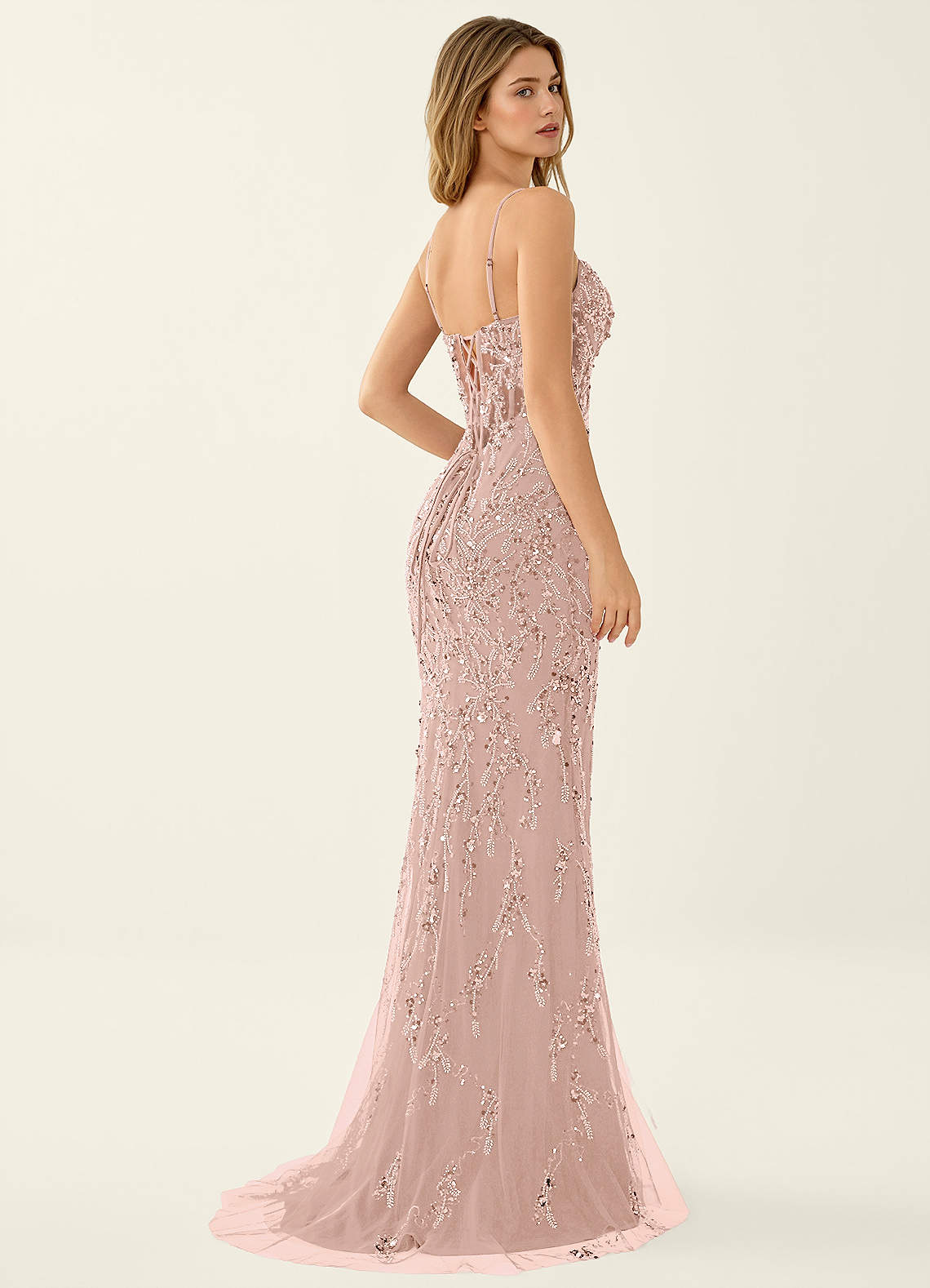 Zivah Mermaid V-Neck Beaded Stretch Mesh Evening Dress in pink