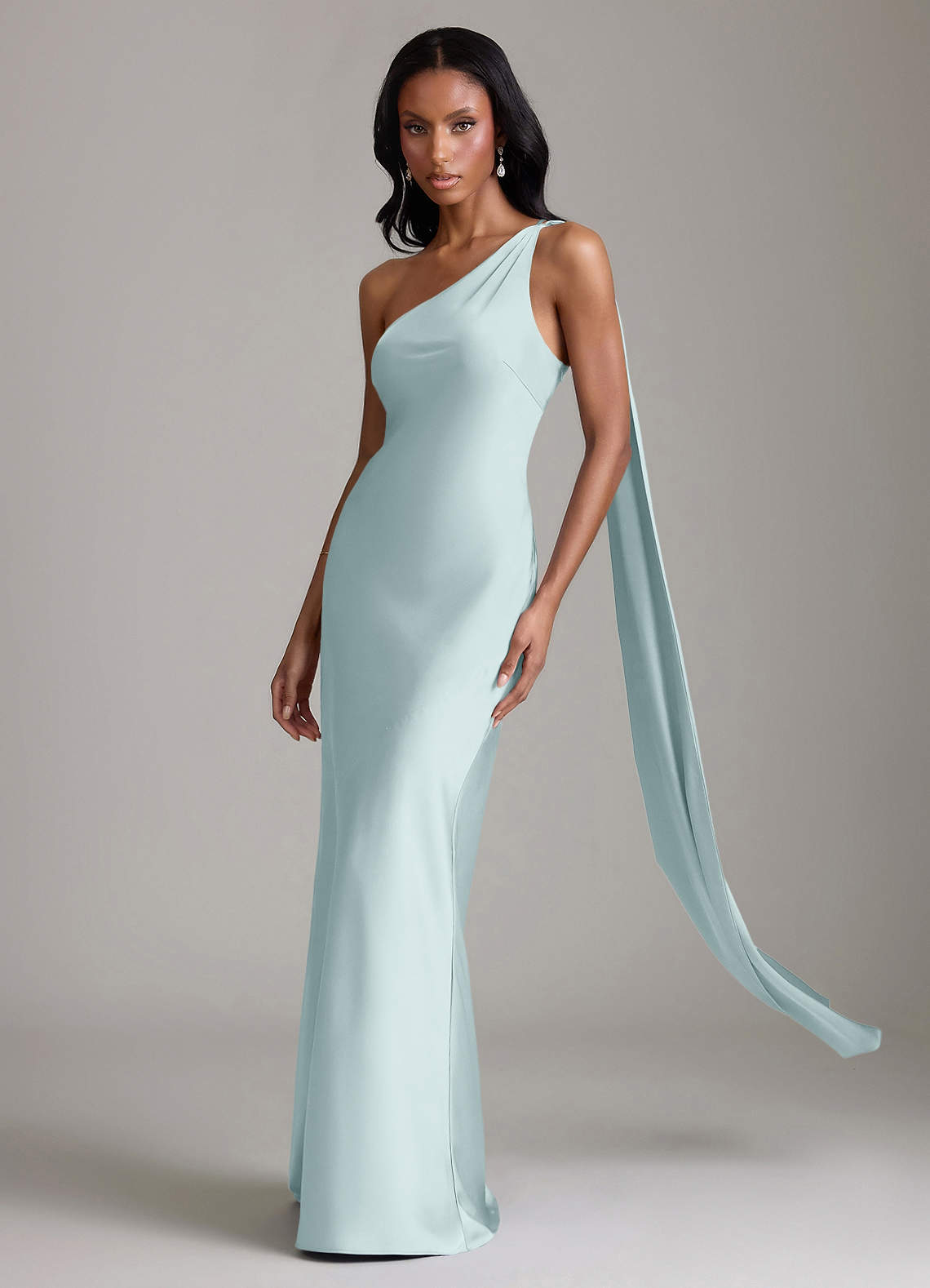 Juniper Mermaid One-Shoulder Stretch Satin Bridesmaid Dress in Mist