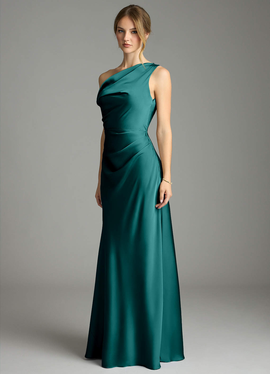 Emerson Mermaid One-Shoulder Stretch Satin Bridesmaid Dress in Peacock