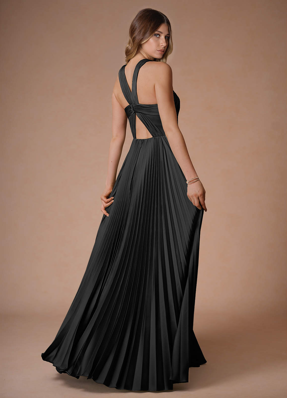 Afra A-Line Pleated Stretch Satin Wedding Guest Dress in black