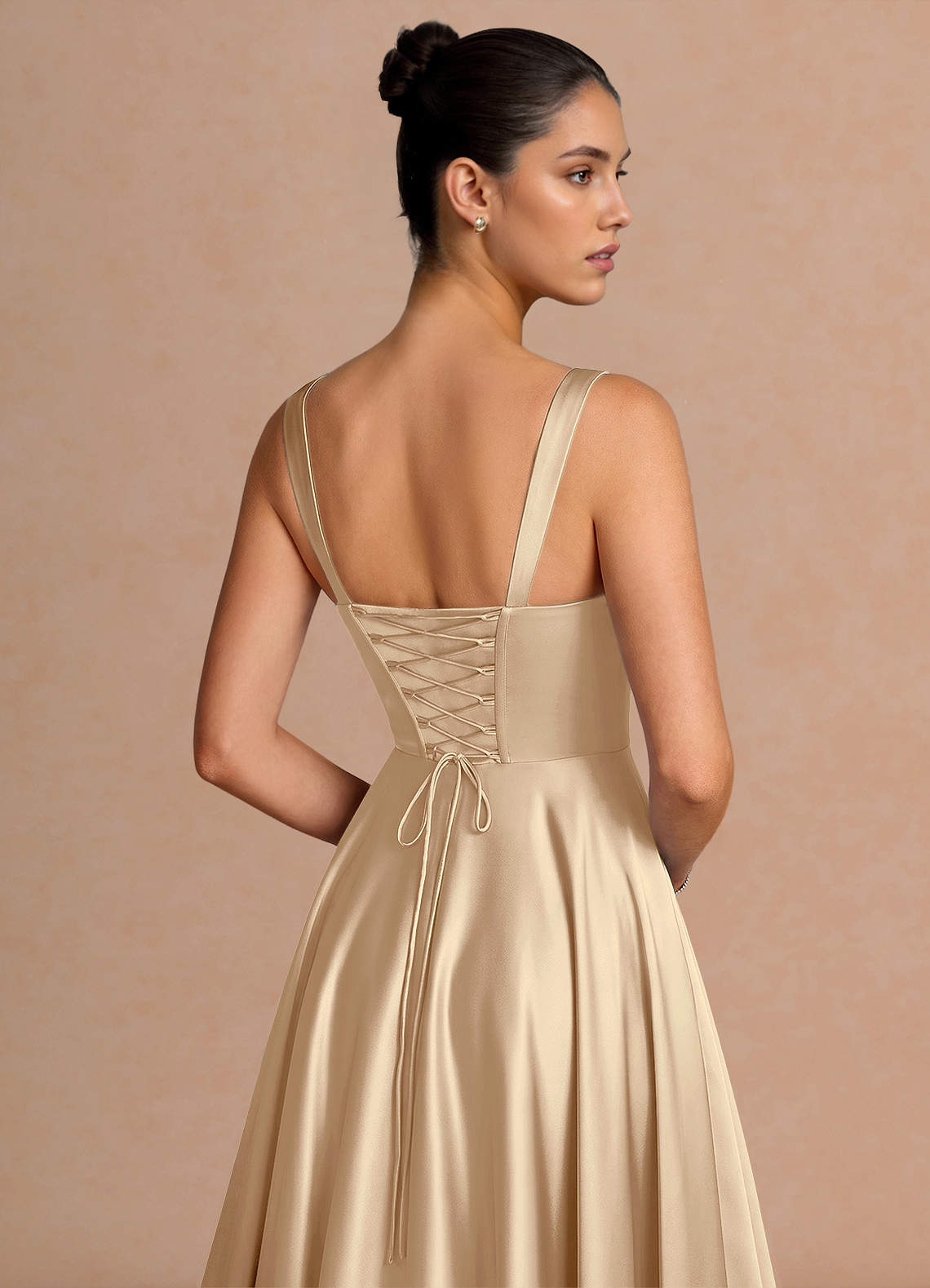Azaria A-Line Square-Neck Stretch Satin Wedding Guest Dress in Champagne
