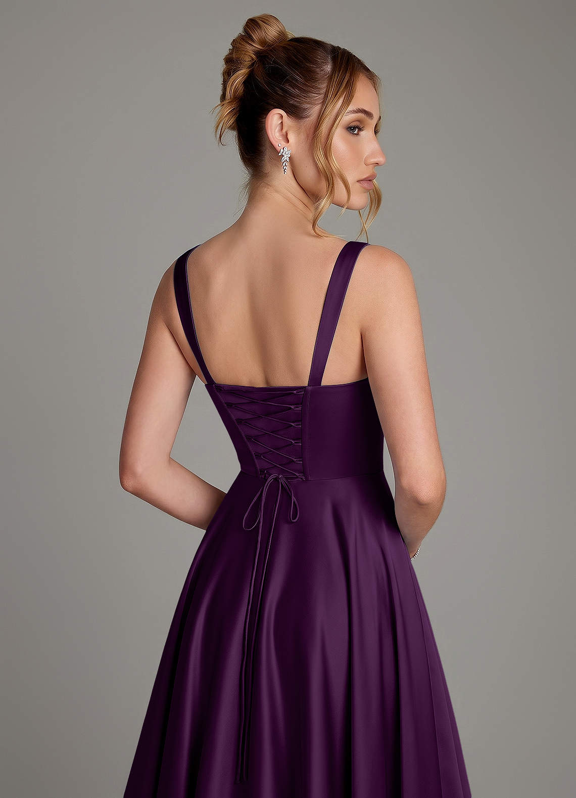 Azaria A-Line Square-Neck Stretch Satin Bridesmaid Dress in Grape