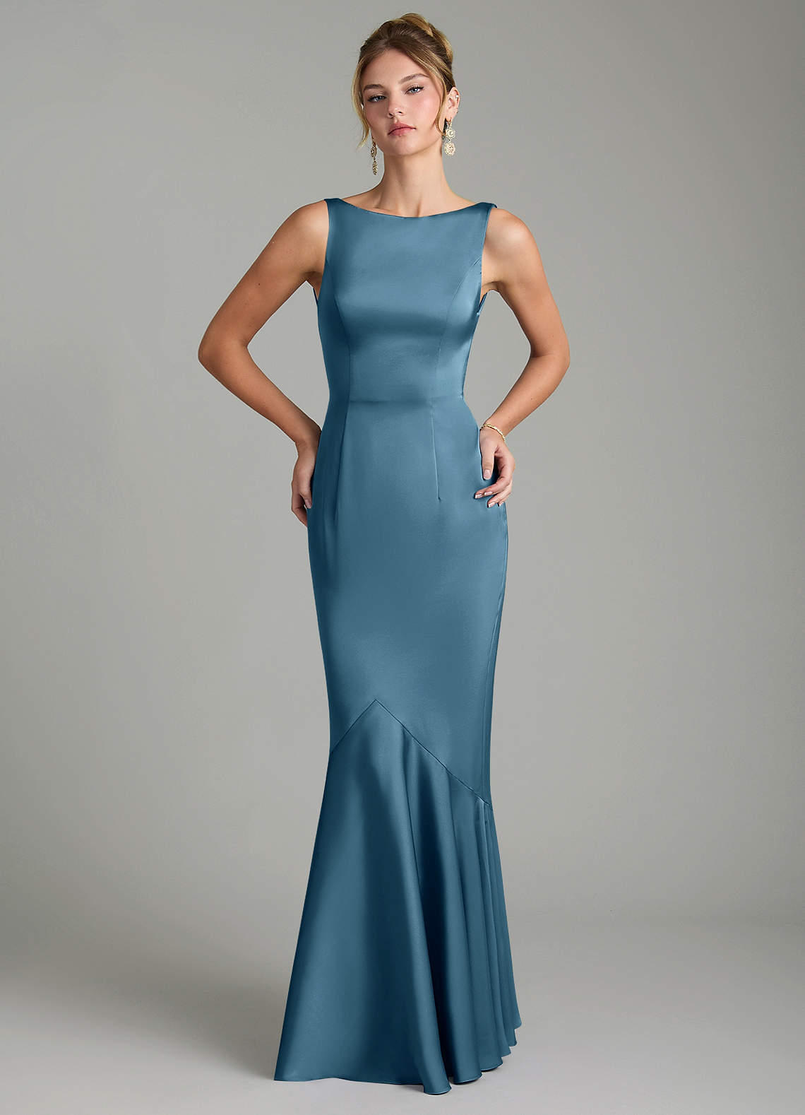 Tamera Mermaid Boat-Neck Stretch Satin and Chiffon Bridesmaid Dress in Bermuda