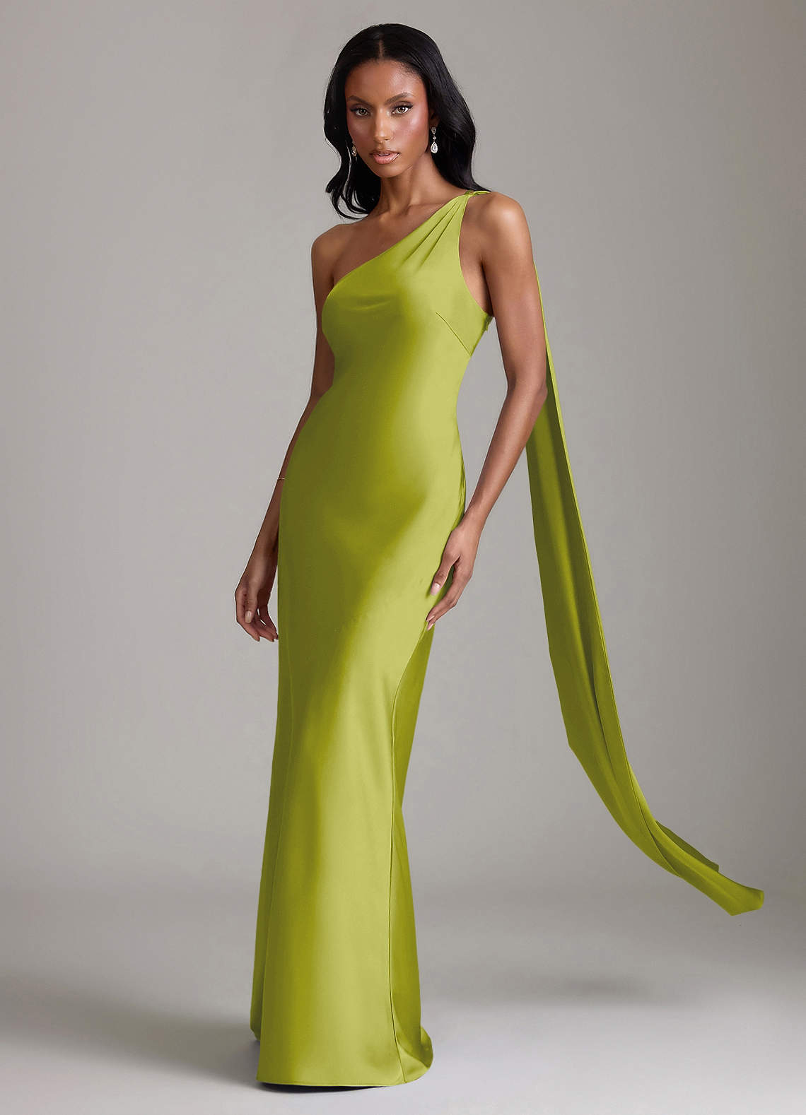 Juniper Mermaid One-Shoulder Stretch Satin Bridesmaid Dress in Lemongrass
