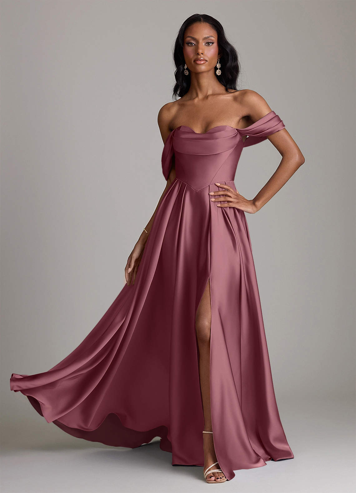 Loisa A-Line Off-the-Shoulder Stretch Satin Bridesmaid Dress in Desert Rose