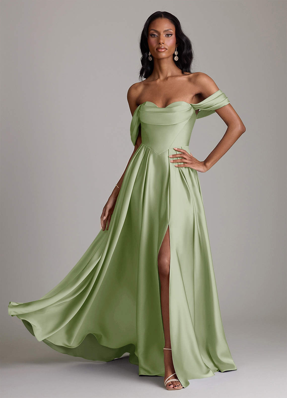 Loisa A-Line Off-the-Shoulder Stretch Satin Bridesmaid Dress in Dusty Sage