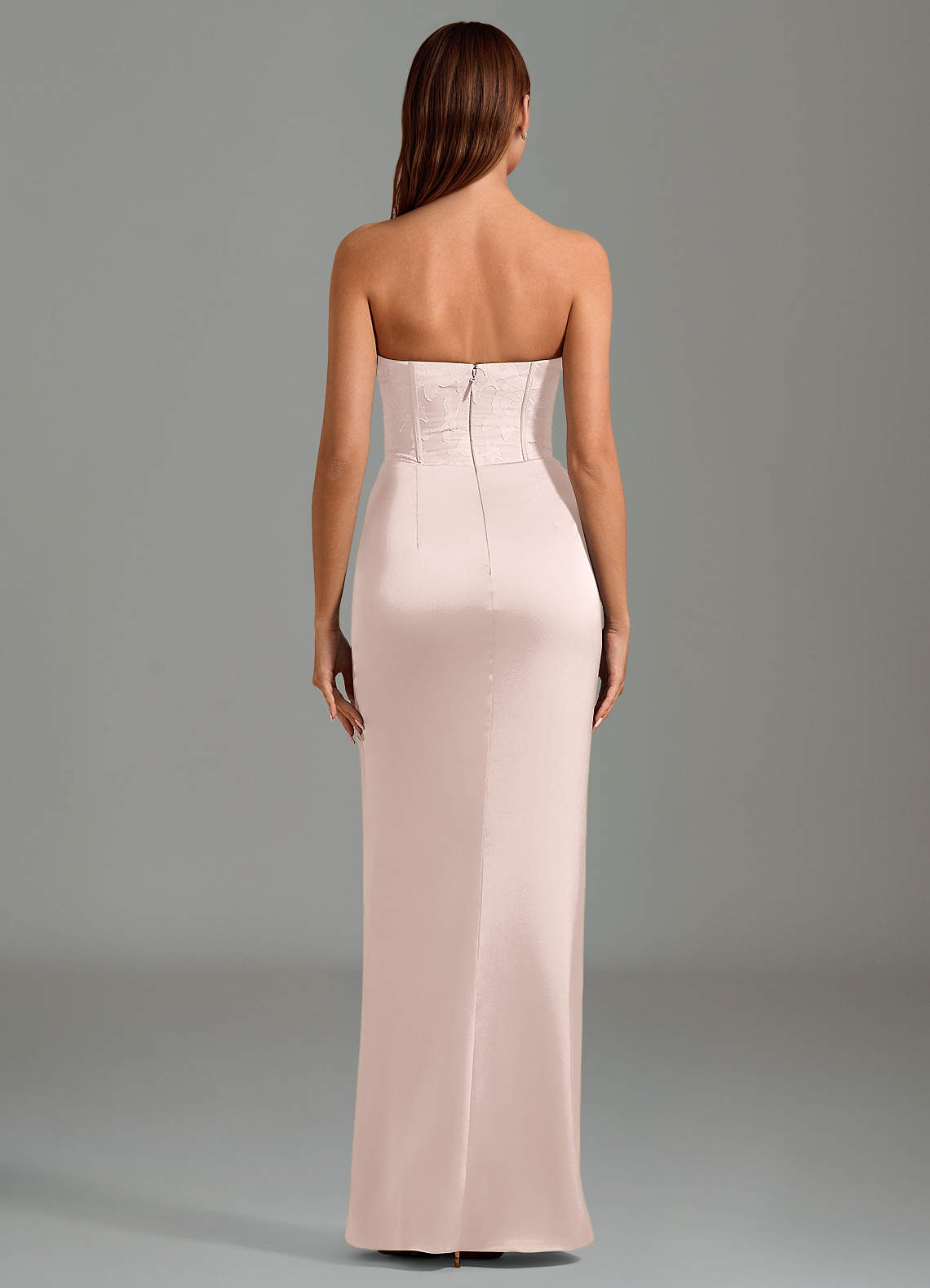 Emilia Mermaid Strapless Stretch Satin and Floral Burnout Bridesmaid Dress in Blushing Pink
