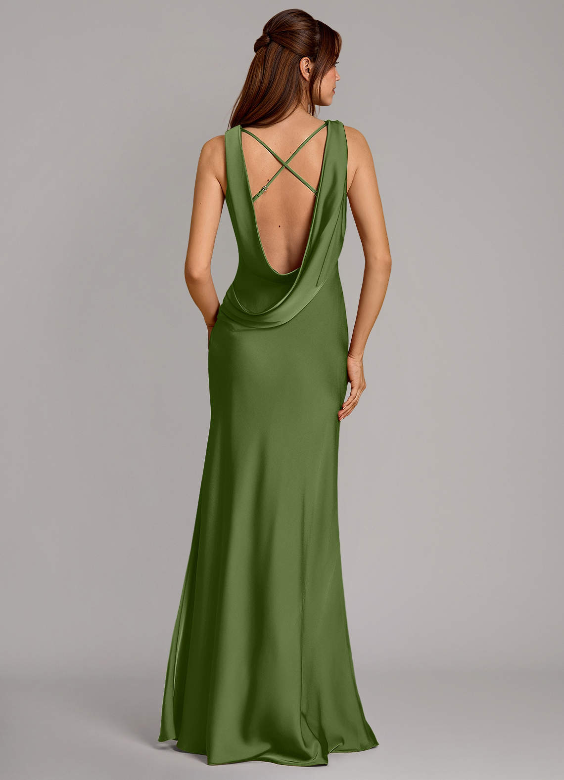 Cheryl Mermaid Cowl-Neck Stretch Satin Bridesmaid Dress in Juniper