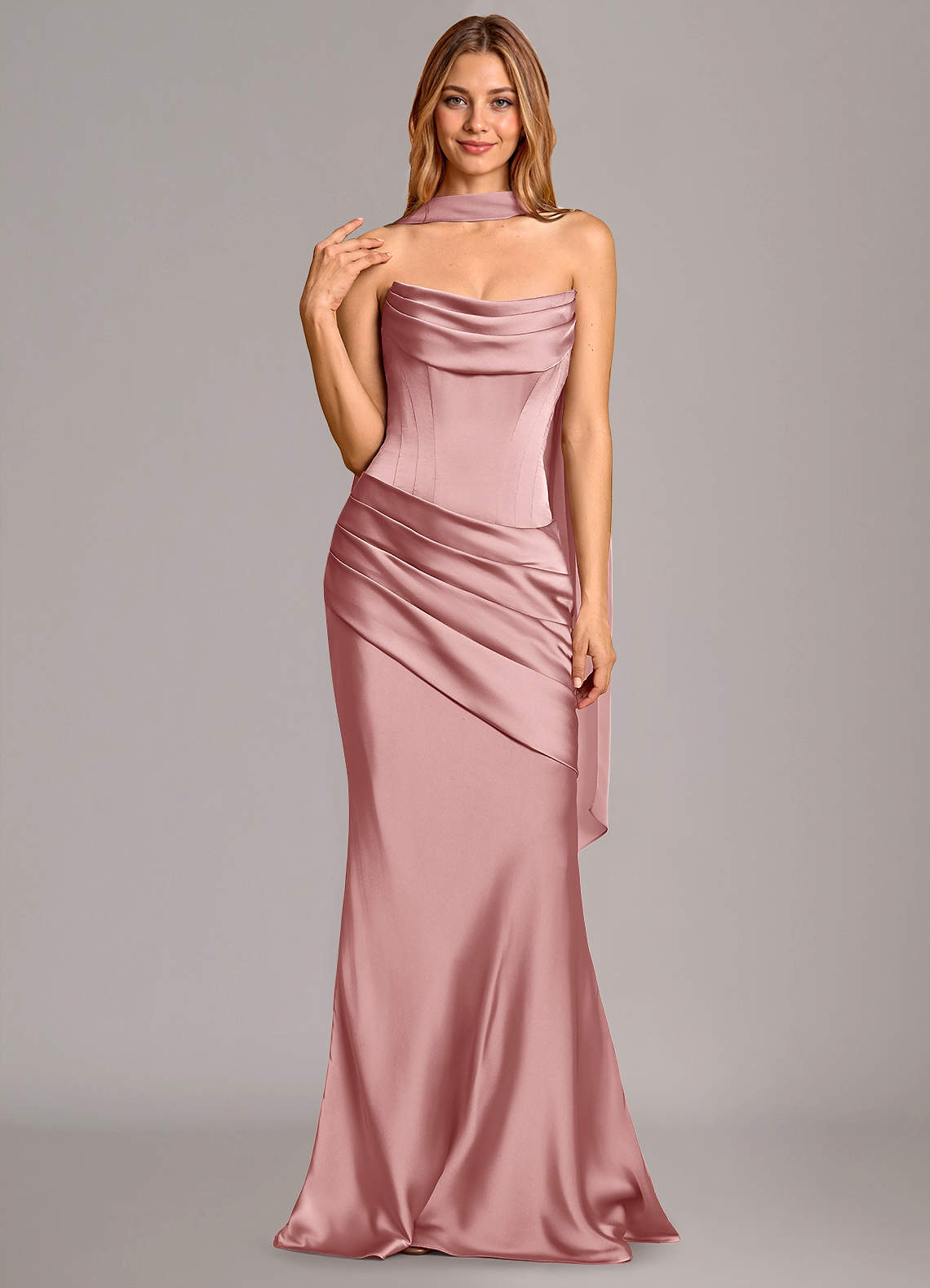 Pelagia Mermaid Cowl-Neck Stretch Satin Bridesmaid Dress in dusty rose