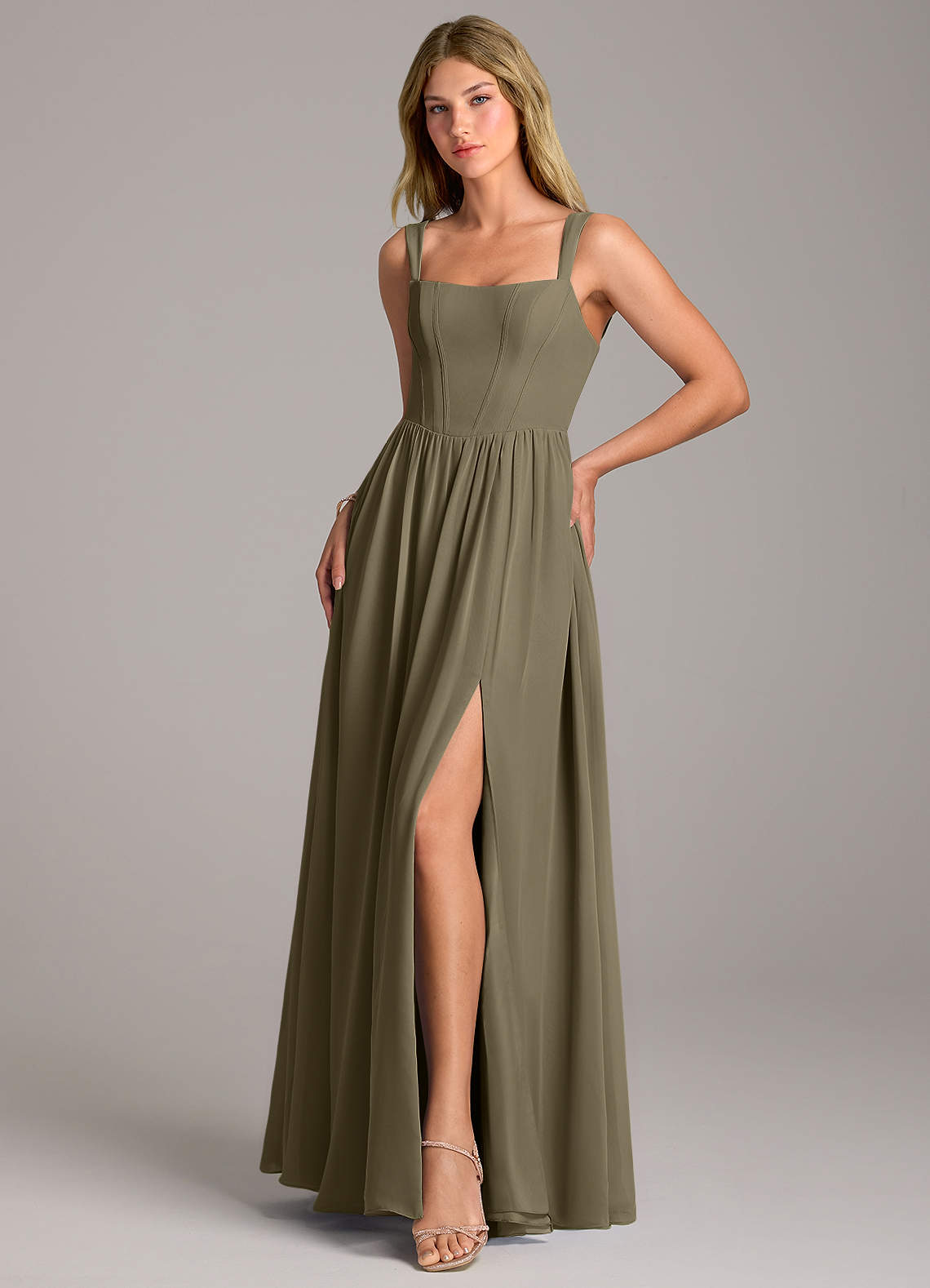 Rosaline A-Line Square-Neck Chiffon Bridesmaid Dress in Willow Green