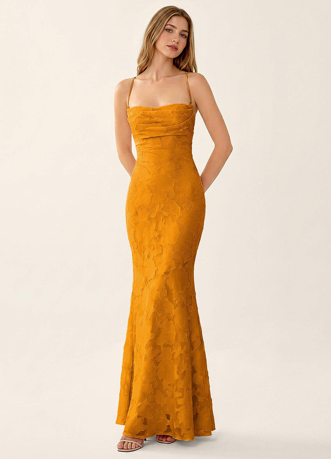 Natasha Mermaid Spaghetti-Strap Floral Burnout Evening Dress in butterscotch