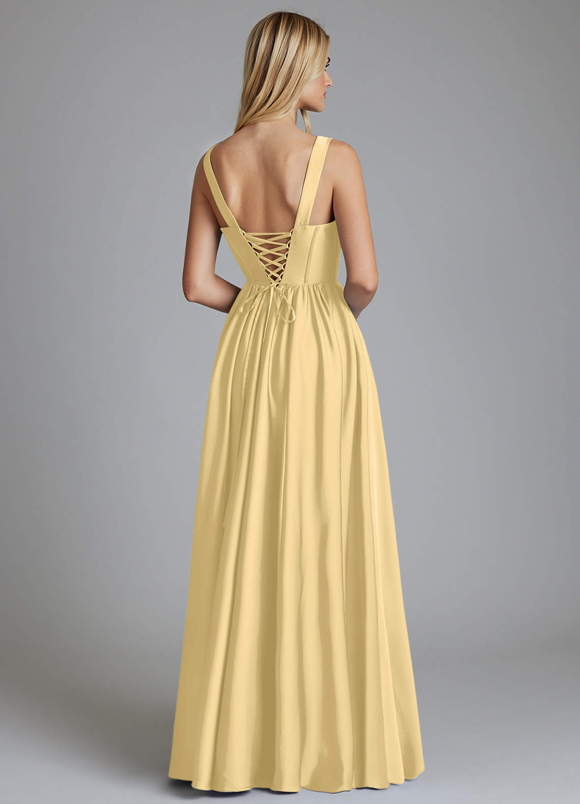 Delmie A-Line V-Neck Stretch Satin Bridesmaid Dress in Butter