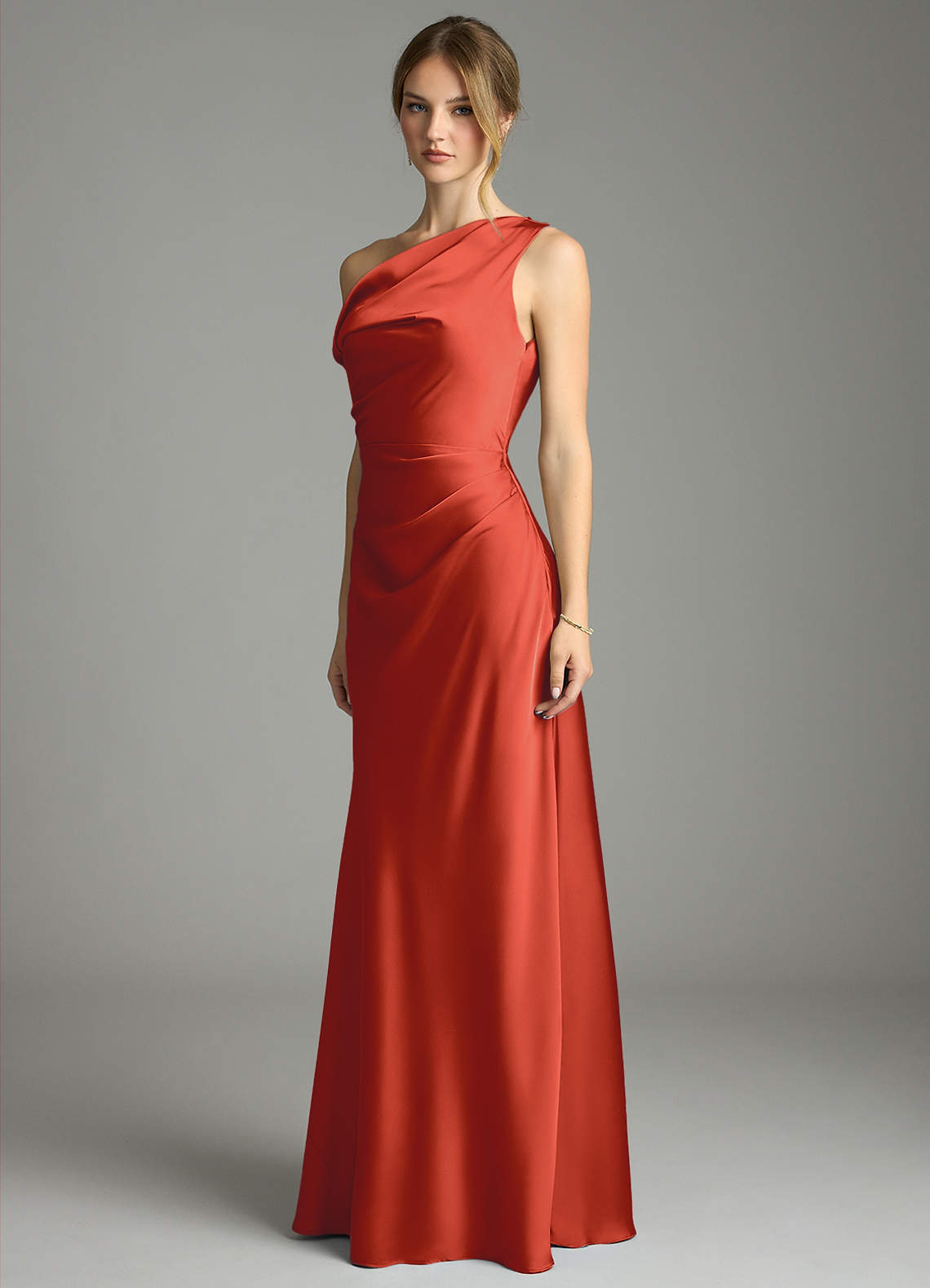 Emerson Mermaid One-Shoulder Stretch Satin Bridesmaid Dress in Rust