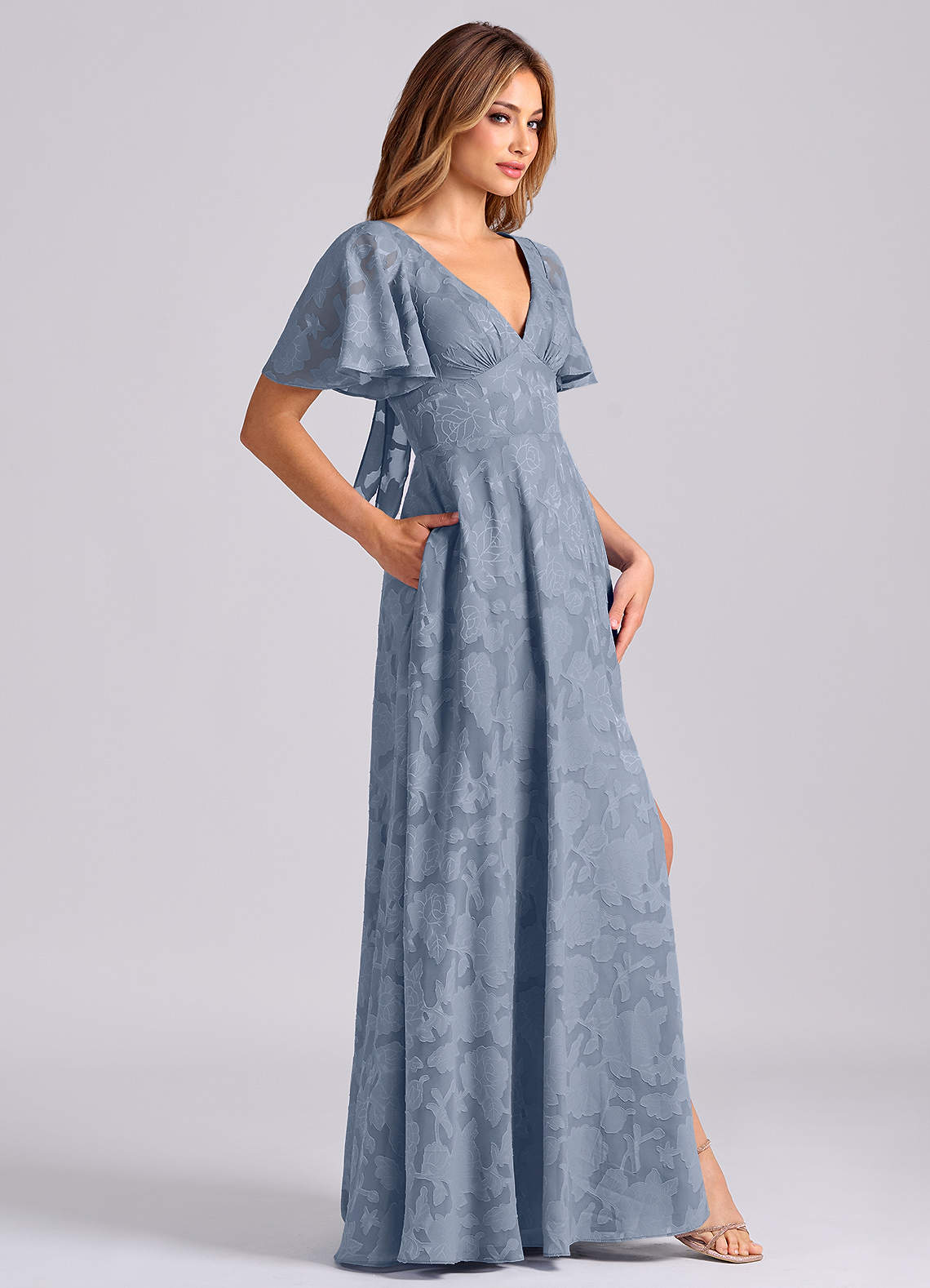 Kimber A-Line V-Neck Floral Burnout Bridesmaid Dress in dusty blue