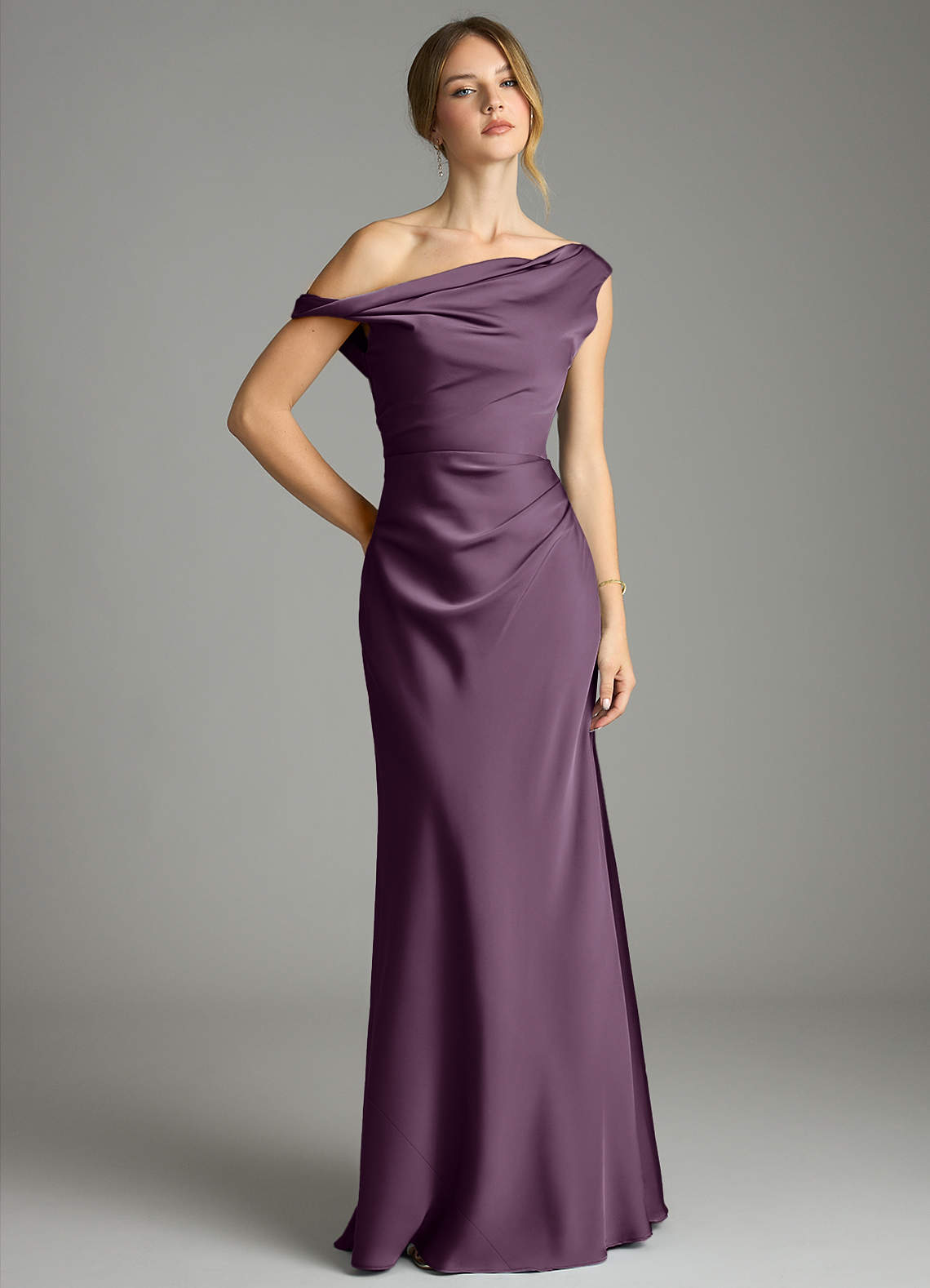Emerson Mermaid One-Shoulder Stretch Satin Bridesmaid Dress in Plum