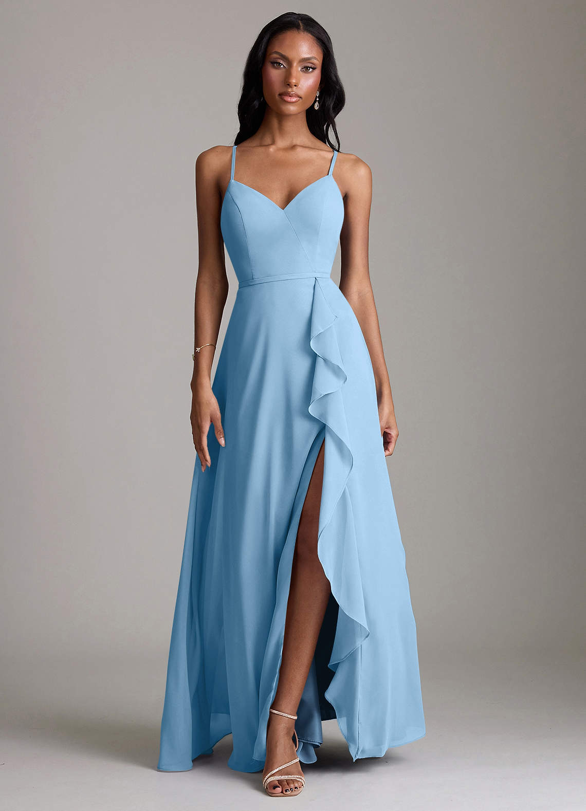 Naeem A-Line V-Neck Chiffon Bridesmaid Dress in Steel Blue