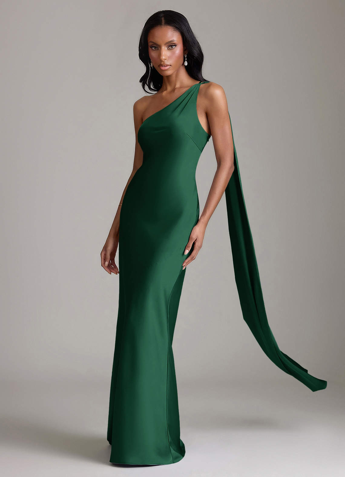 Juniper Mermaid One-Shoulder Stretch Satin Bridesmaid Dress in Dark Green