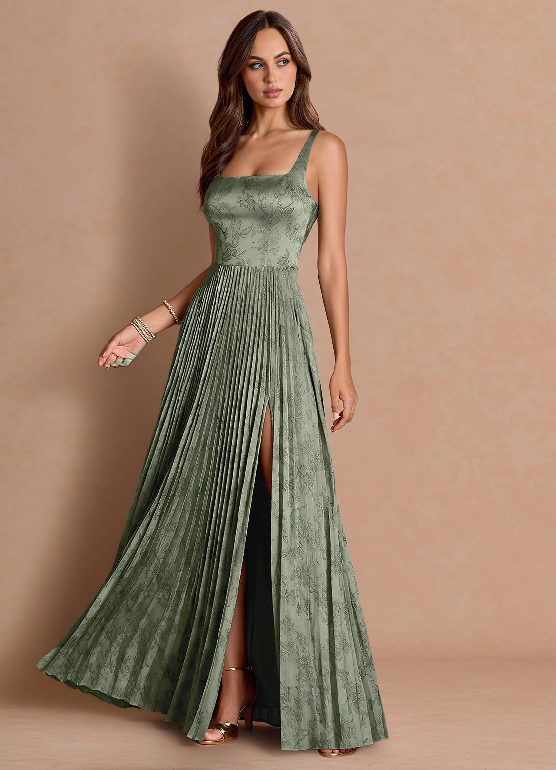 Tatiana A-Line Square-Neck Jacquard Wedding Guest Dress in Sage Blue