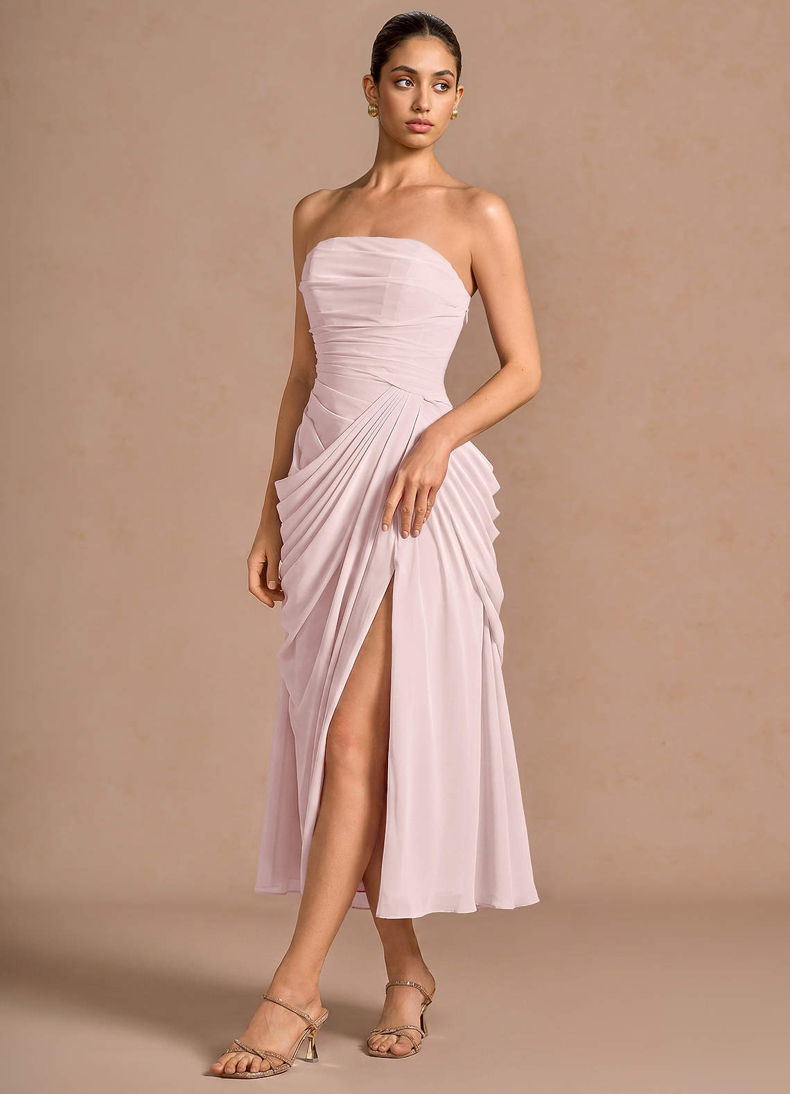 Kaavia Column Pleated Chiffon Midi Evening Dress in Powder Pink