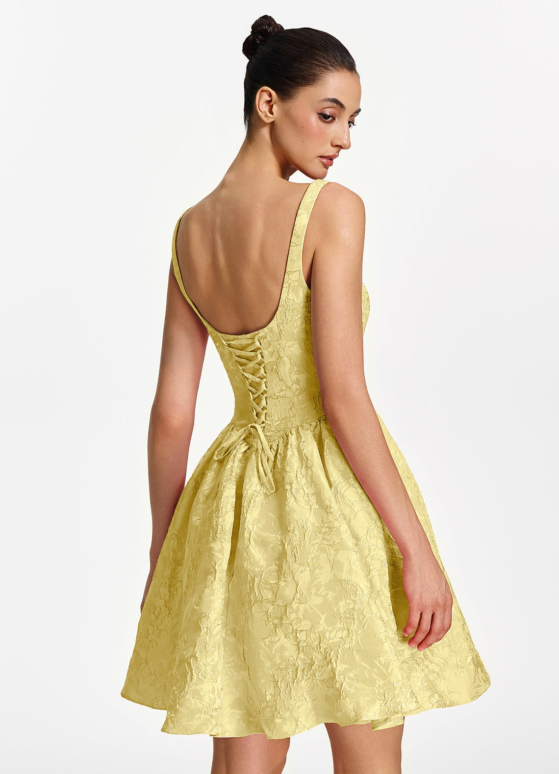 Lionelle Skater Mini Square-Neck Jacquard Prom Dress in Yellow - photo 2