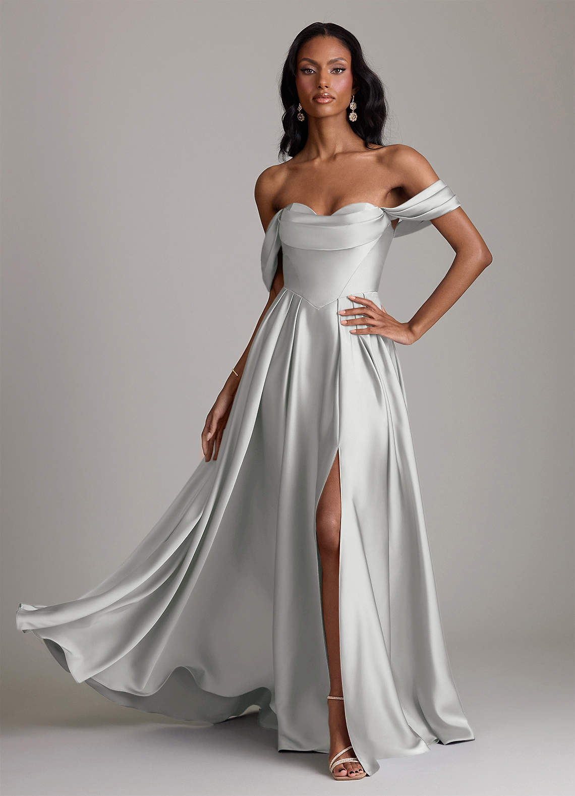 Loisa A-Line Off-the-Shoulder Stretch Satin Bridesmaid Dress in Silver