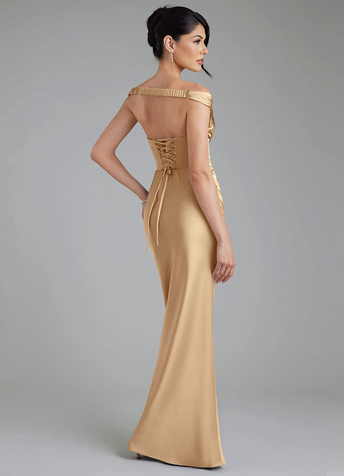 Stella Sheath V-Neck Stretch Satin Bridesmaid Dress in Champagne