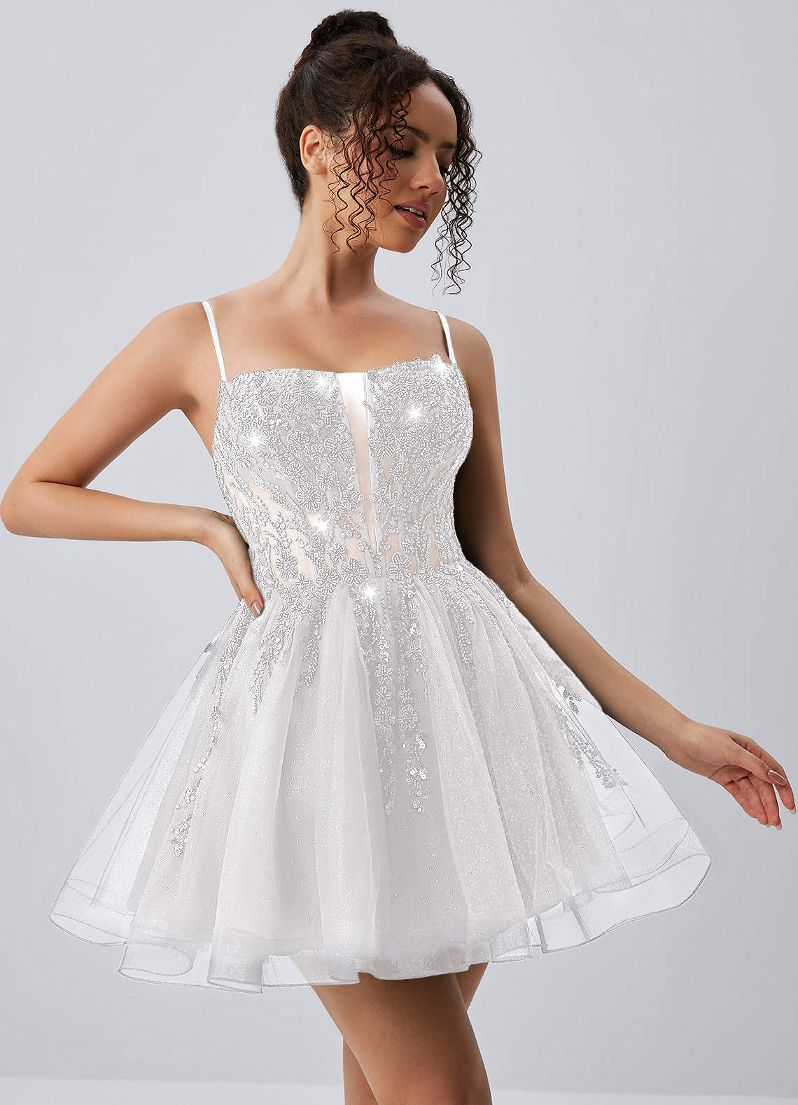 Odette Skater Keyhole Glitter Tulle Mini Prom Dress in white
