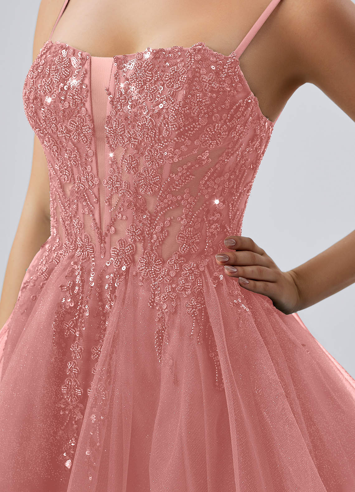 Odette Skater Keyhole Glitter Tulle Mini Prom Dress in Dusty Pink