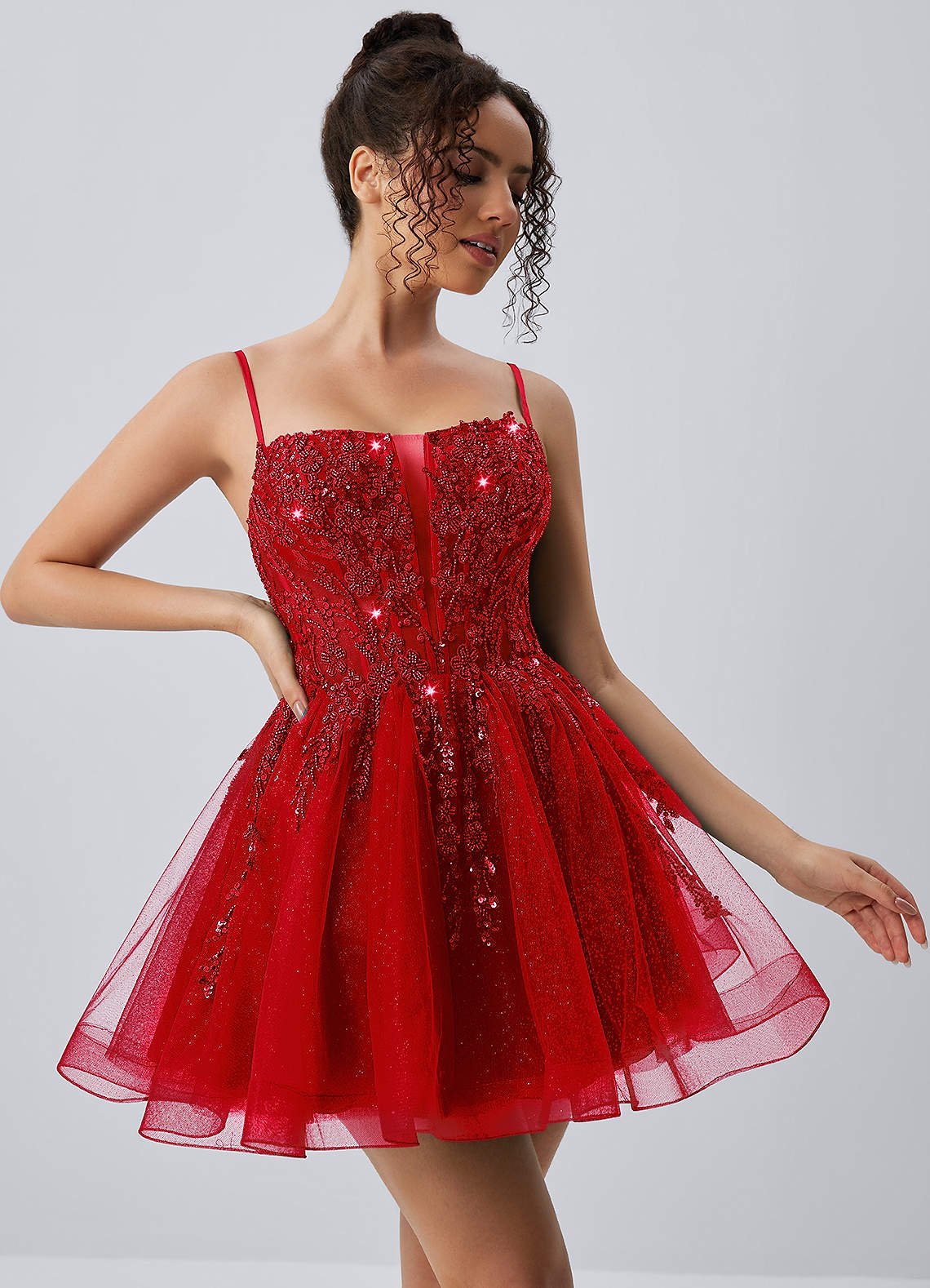 Odette Skater Keyhole Glitter Tulle Mini Prom Dress in Red