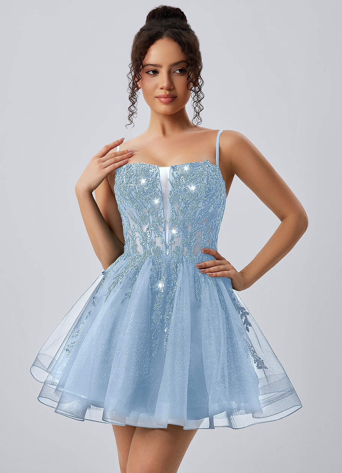 Odette Skater Keyhole Glitter Tulle Mini Prom Dress in black