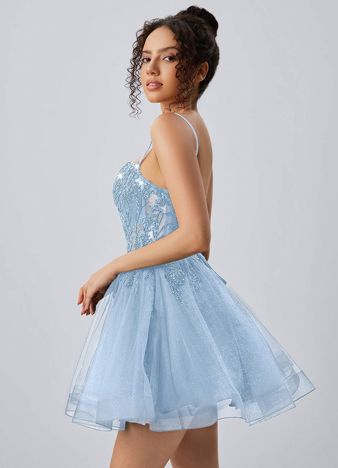 Odette Skater Keyhole Glitter Tulle Mini Prom Dress in Sky Blue