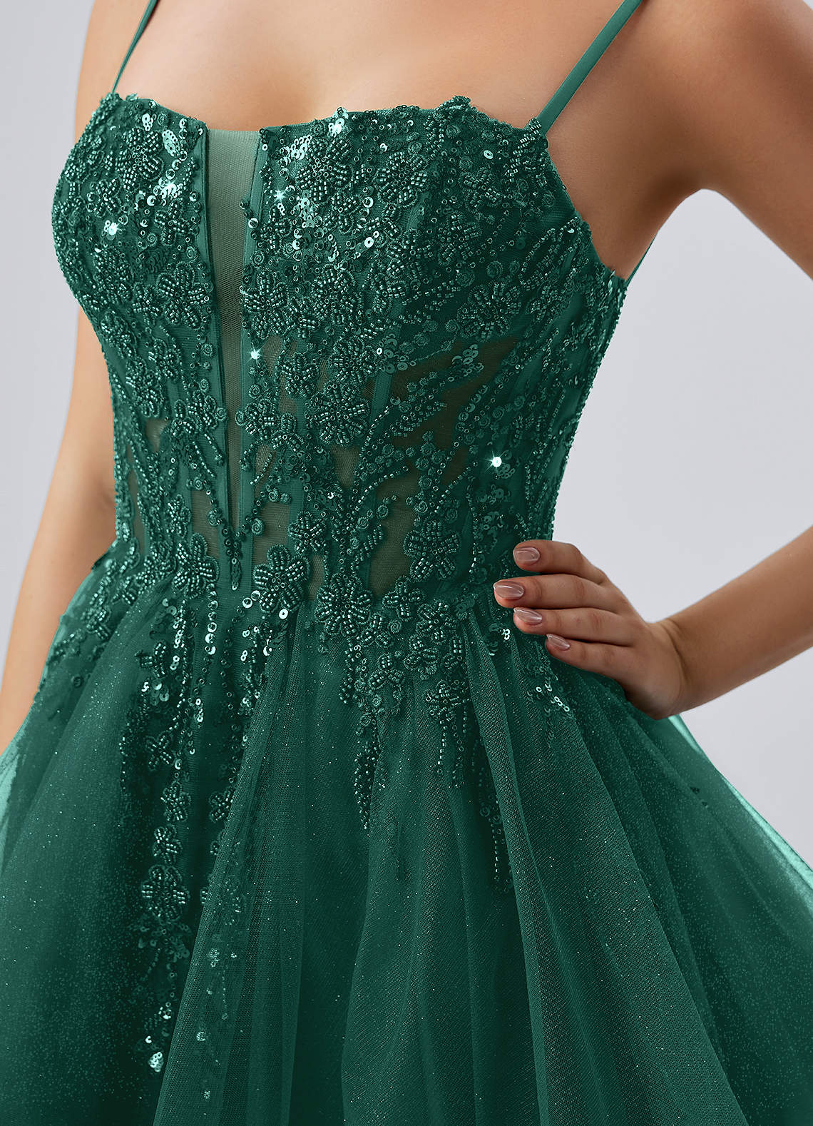 Odette Skater Keyhole Glitter Tulle Mini Prom Dress in Dark Green