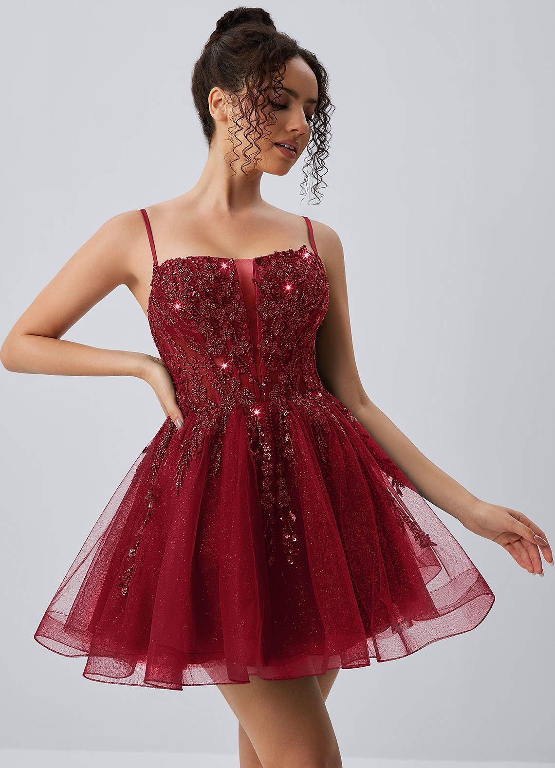 Odette Skater Keyhole Glitter Tulle Mini Prom Dress in Burgundy