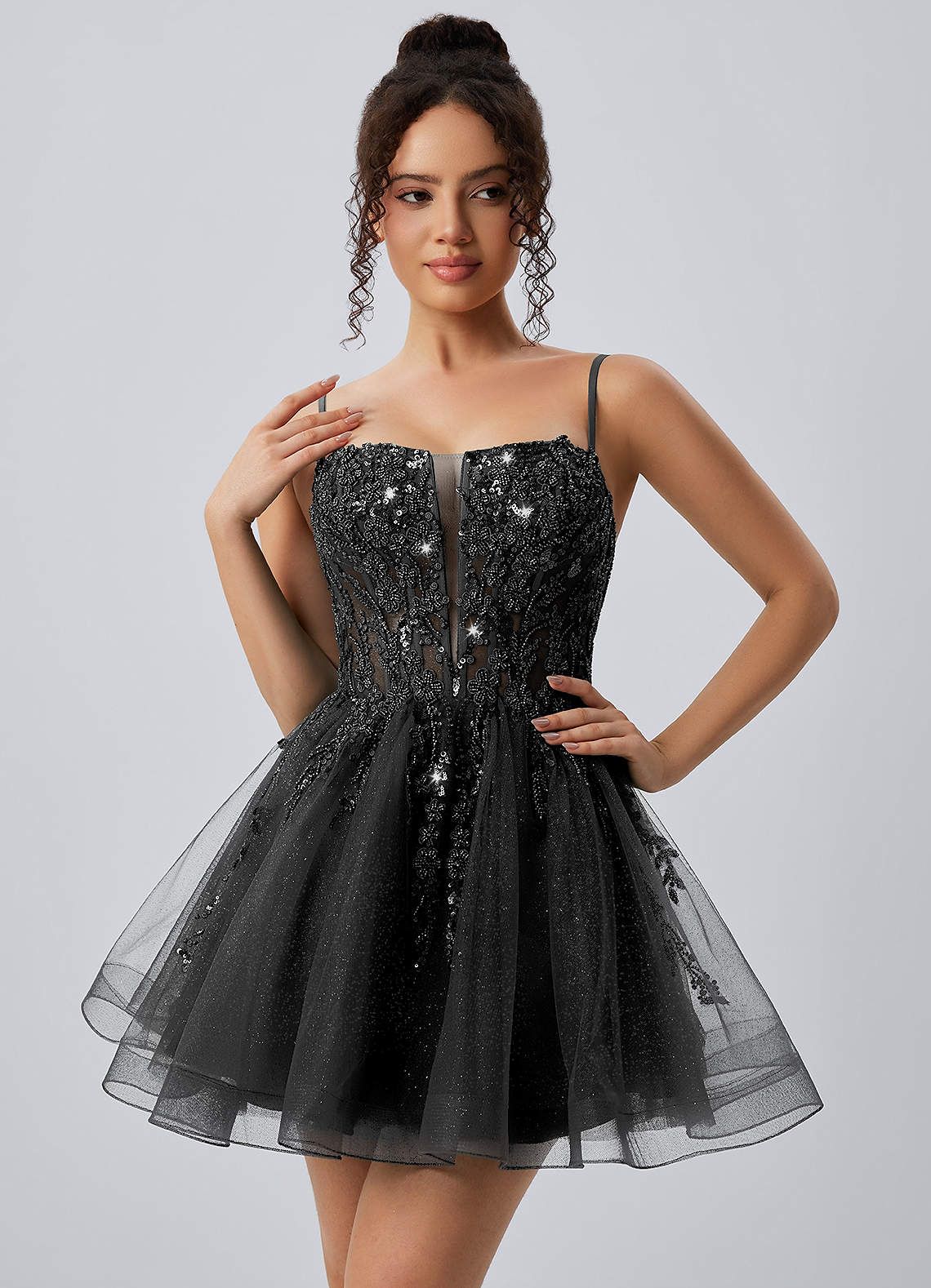 Odette Skater Keyhole Glitter Tulle Mini Prom Dress in black