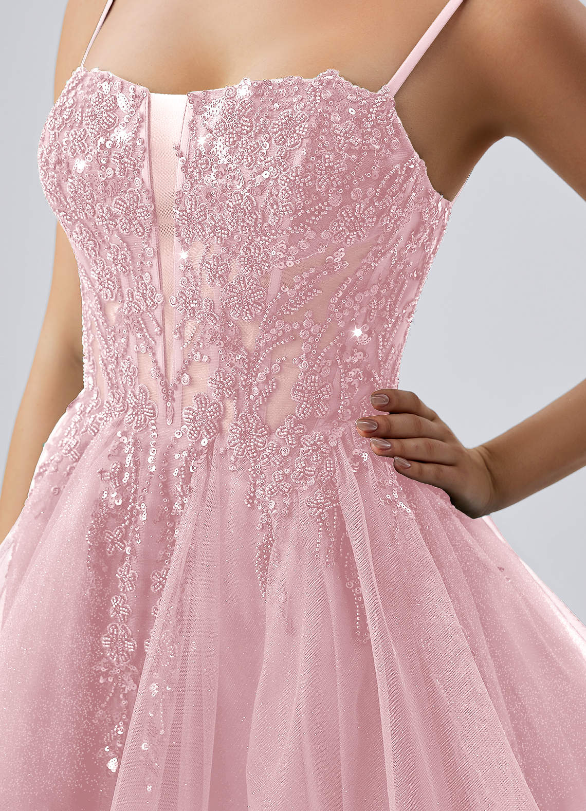 Odette Skater Keyhole Glitter Tulle Mini Prom Dress in pink