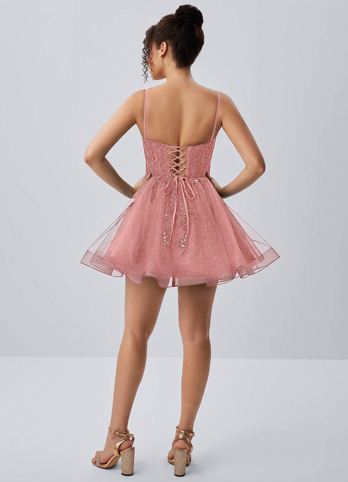 Odette Skater Keyhole Glitter Tulle Mini Prom Dress in Dusty Pink