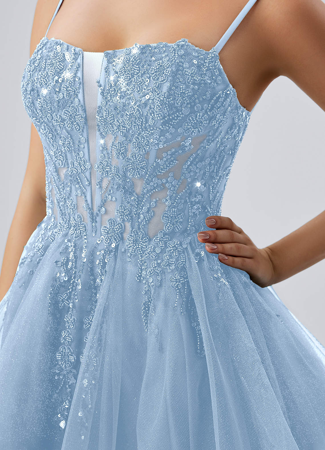 Odette Skater Keyhole Glitter Tulle Mini Prom Dress in Sky Blue