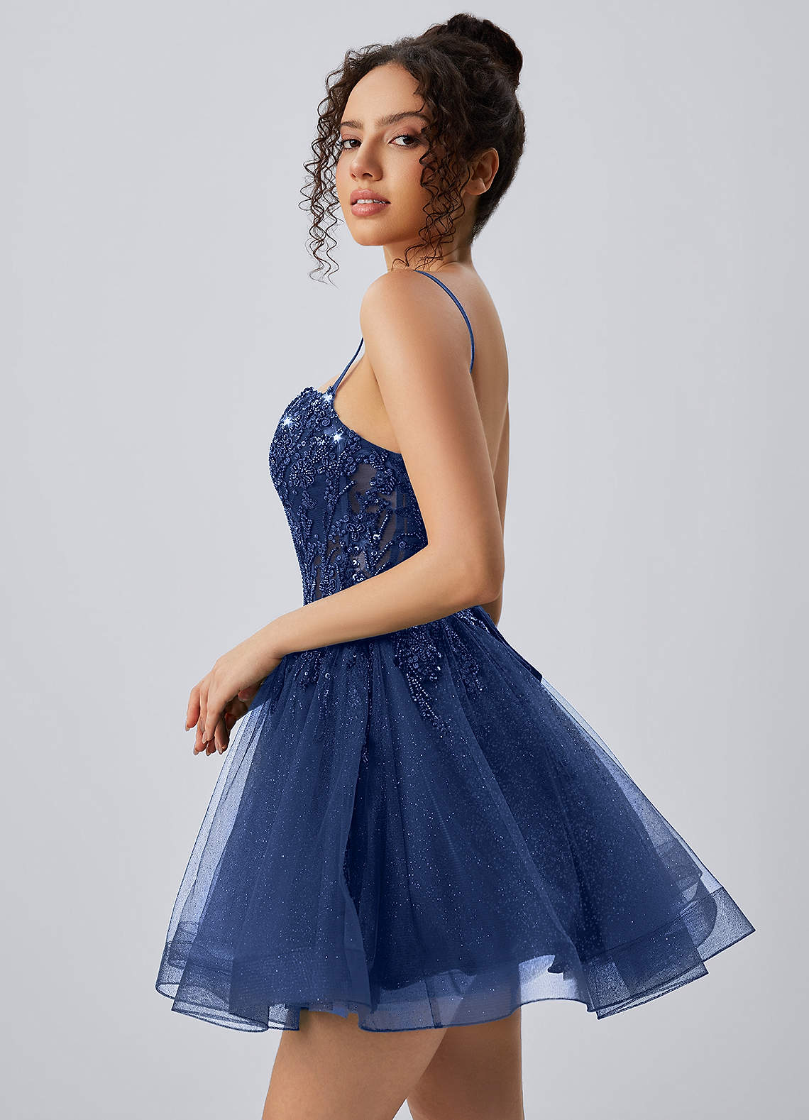 Odette Skater Keyhole Glitter Tulle Mini Prom Dress in Navy