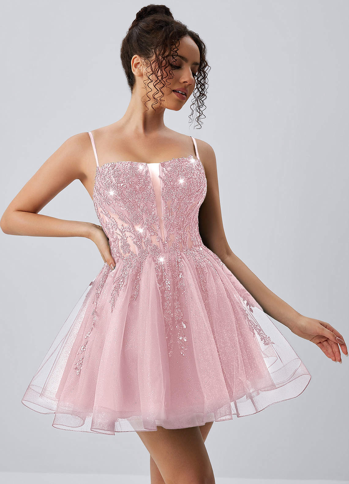 Odette Skater Keyhole Glitter Tulle Mini Prom Dress in pink
