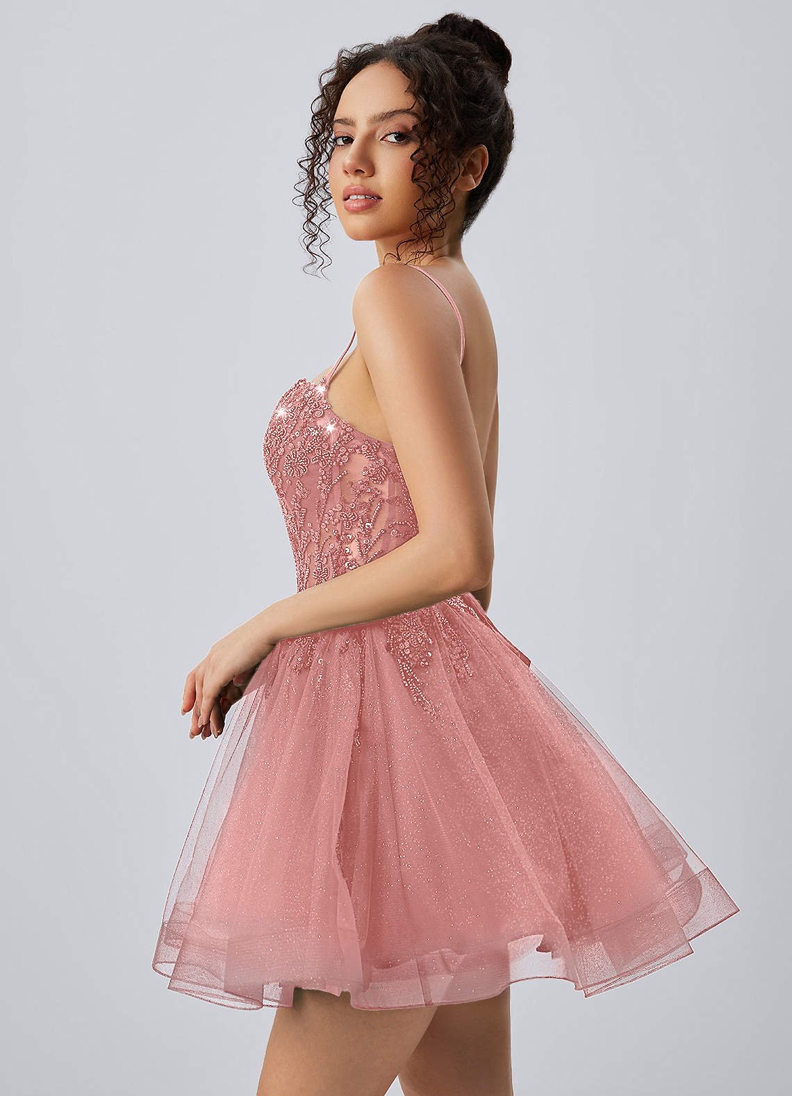 Odette Skater Keyhole Glitter Tulle Mini Prom Dress in Dusty Pink