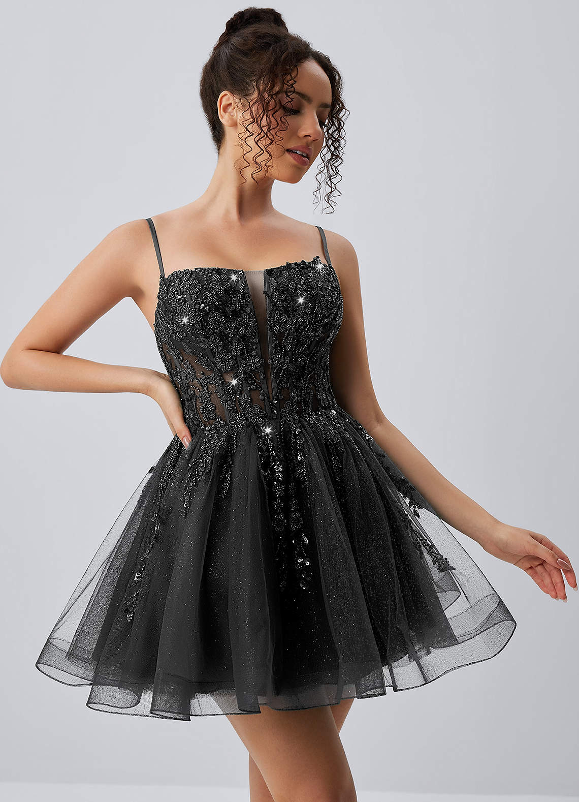 Odette Skater Keyhole Glitter Tulle Mini Prom Dress in black