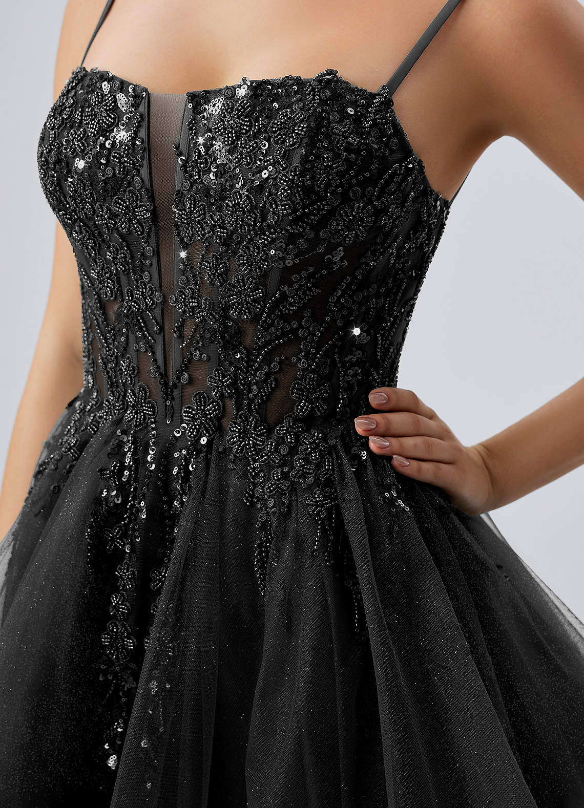 Odette Skater Keyhole Glitter Tulle Mini Prom Dress in black
