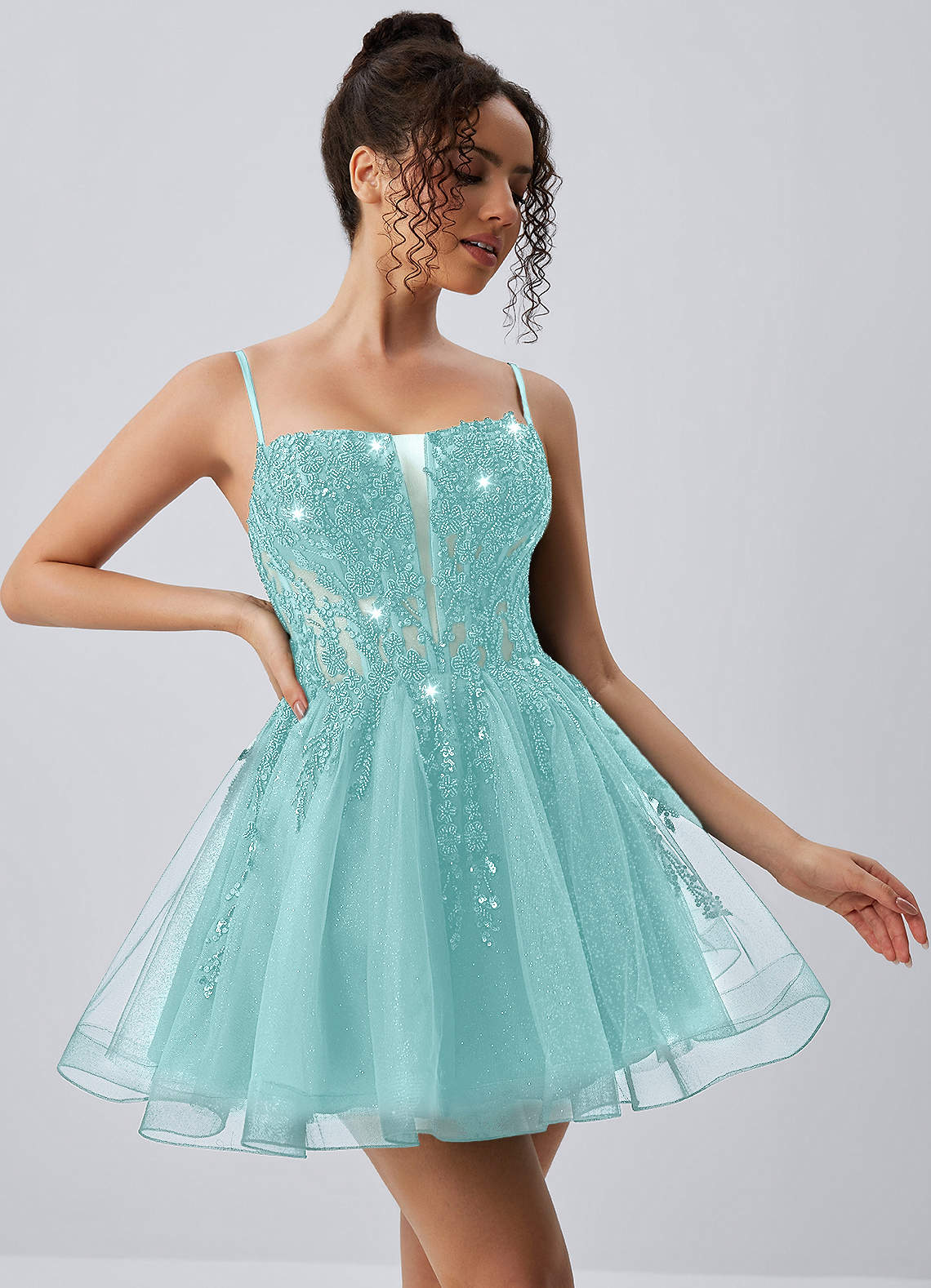 Odette Skater Keyhole Glitter Tulle Mini Prom Dress in Light Green