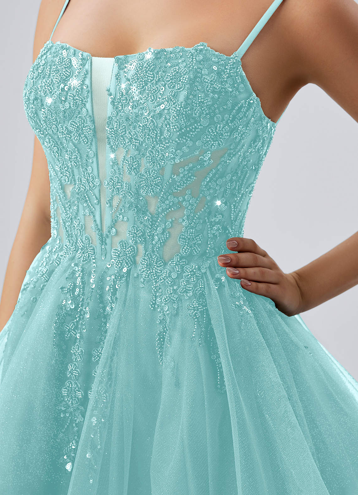 Odette Skater Keyhole Glitter Tulle Mini Prom Dress in Light Green